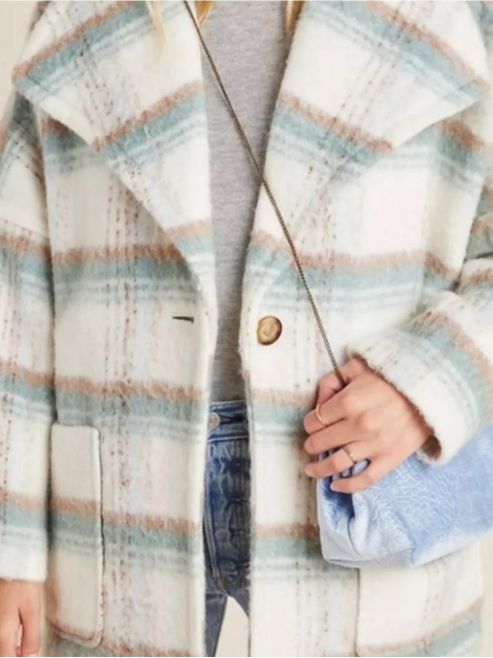 Anthropologie Cream Plaid Pea Coat with Blue-Green and Brown Stripes